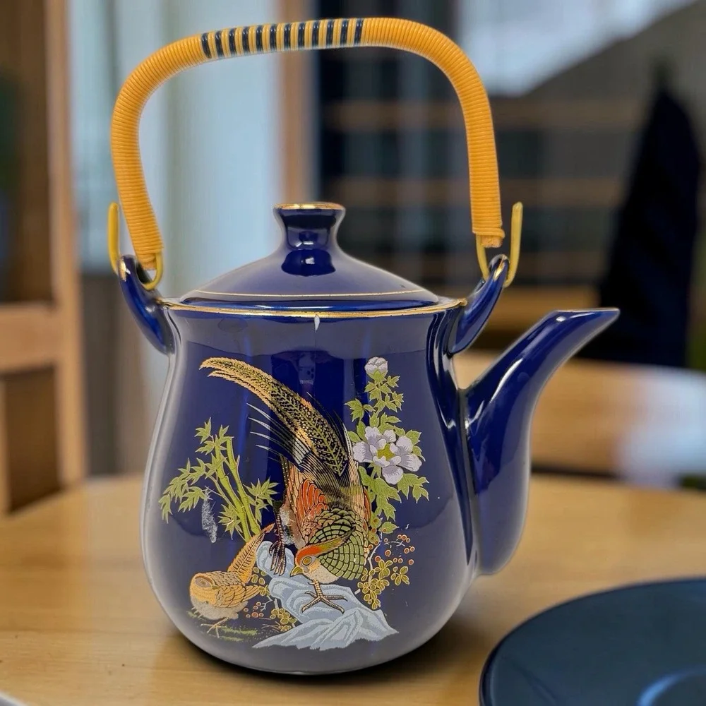 Vintage Japanese Cobalt Blue Gold Teapot Pheasant Bamboo Rattan Handle 7.5